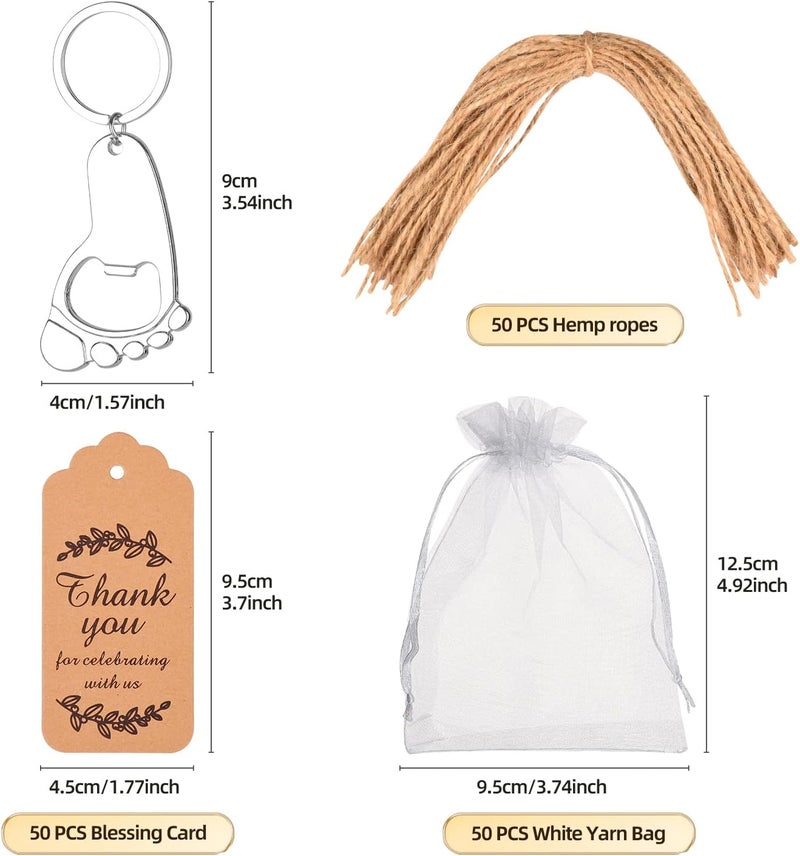 KaGrbves 50 Pieces Footprint Bottle Opener Baby Shower Favors for Guest with Keychain and Organza Bags Tags (silver) - Image 2